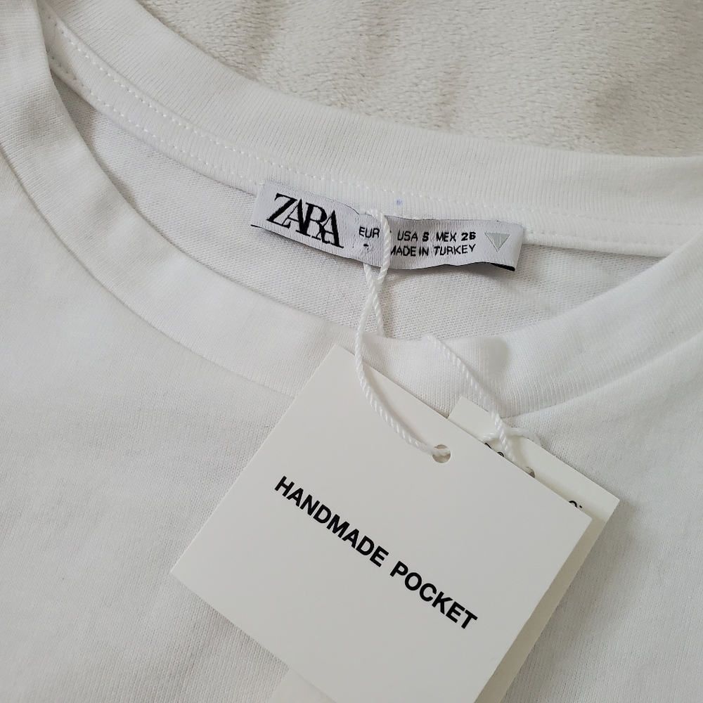 Zara White Cotton T-Shirt, Handmade Knitted Pocket Size S - Picture 4 of 8